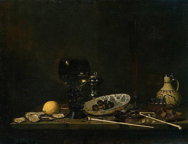 Jan van de Velde Still life with wineglass, flute glass, earthenware jug and pipes Sweden oil painting art